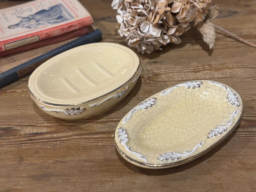 フランスアンティーク　陶器製　ソープディッシュ&トレイセット