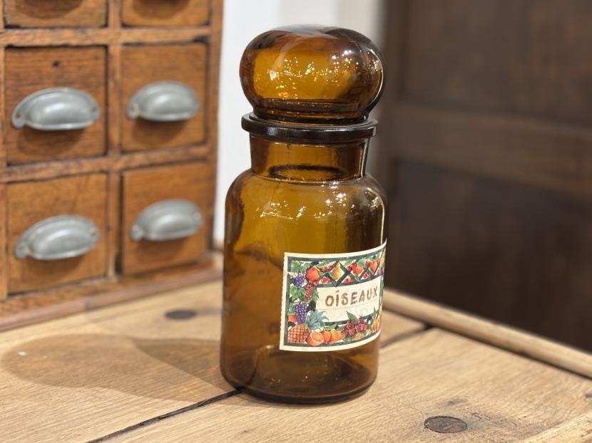 フランスアンティーク　アンバーガラス瓶　OISEAUX