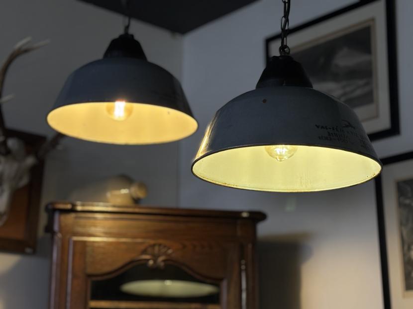 ヴィンテージ　インダストリアルホーローランプ　ブルーグレーA