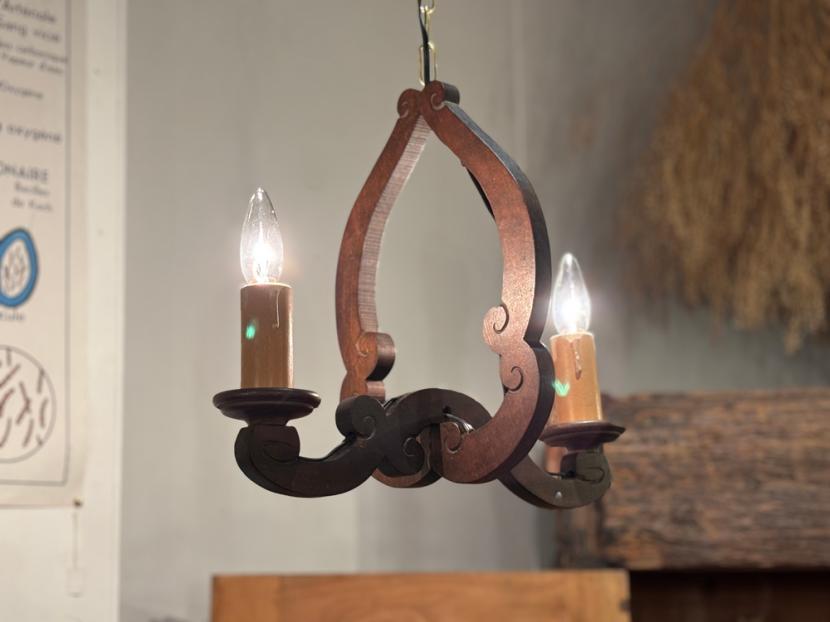 フランスアンティーク 2灯 ウッドシャンデリア