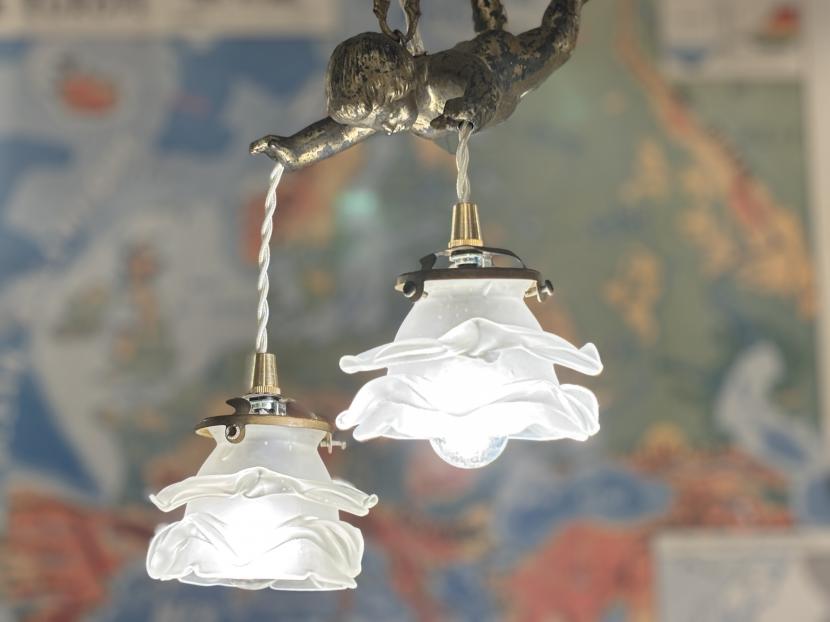 フランスアンティーク エンジェル2灯ペンダントランプ